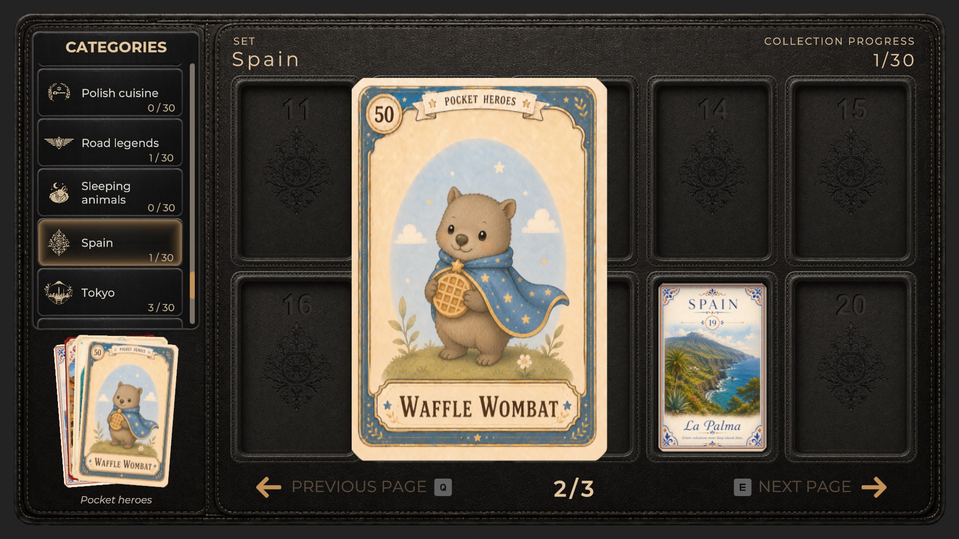 A dark collectible card game menu shows the “Spain” set, page 2 of 3, with a cheerful Waffle Wombat hero card featuring a teddy bear in a blue cape.