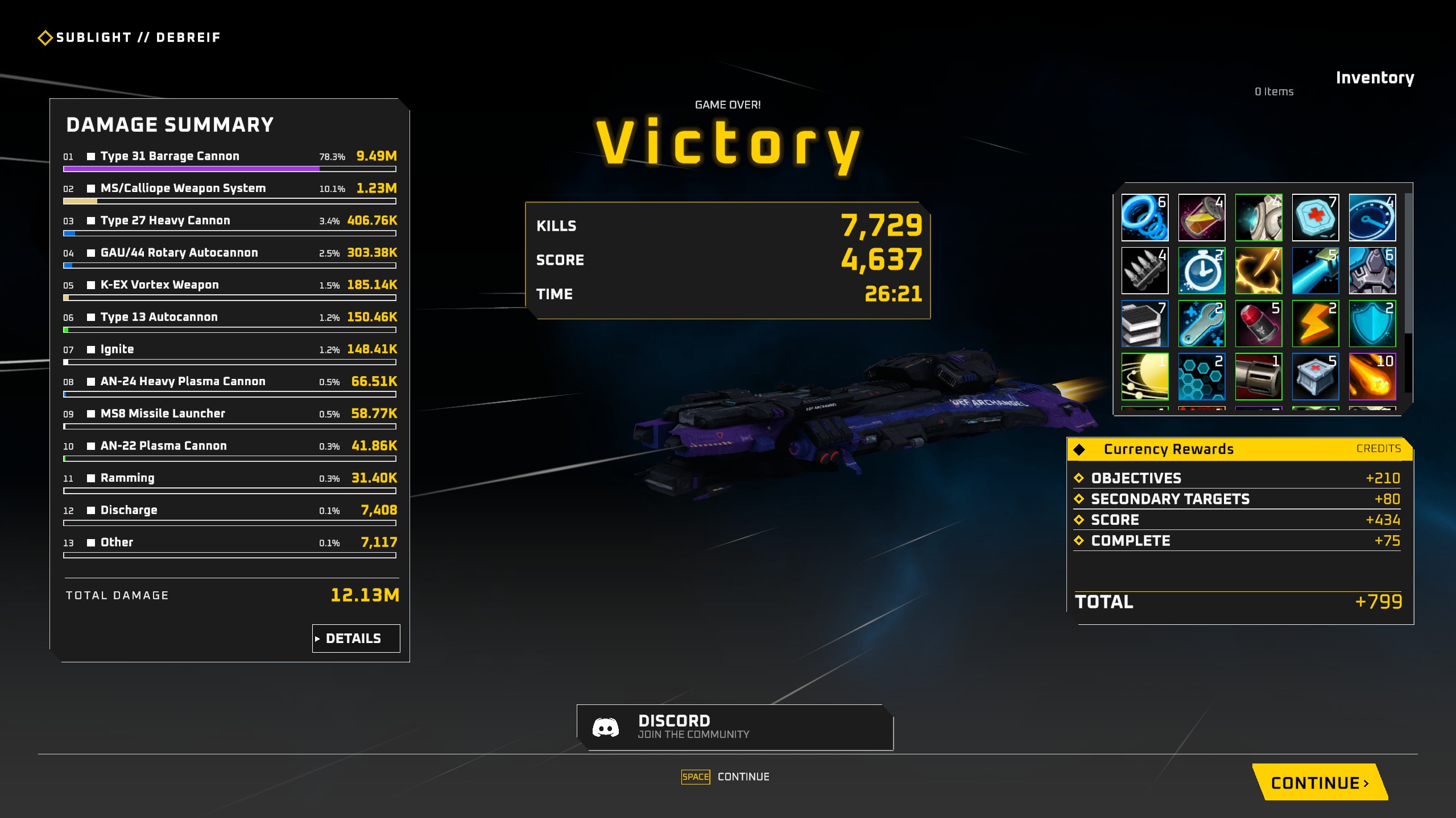 Game victory screen showing damage summary, kills (7,729), score (4,637), time (26:21), inventory items, and currency rewards totaling 799 credits.