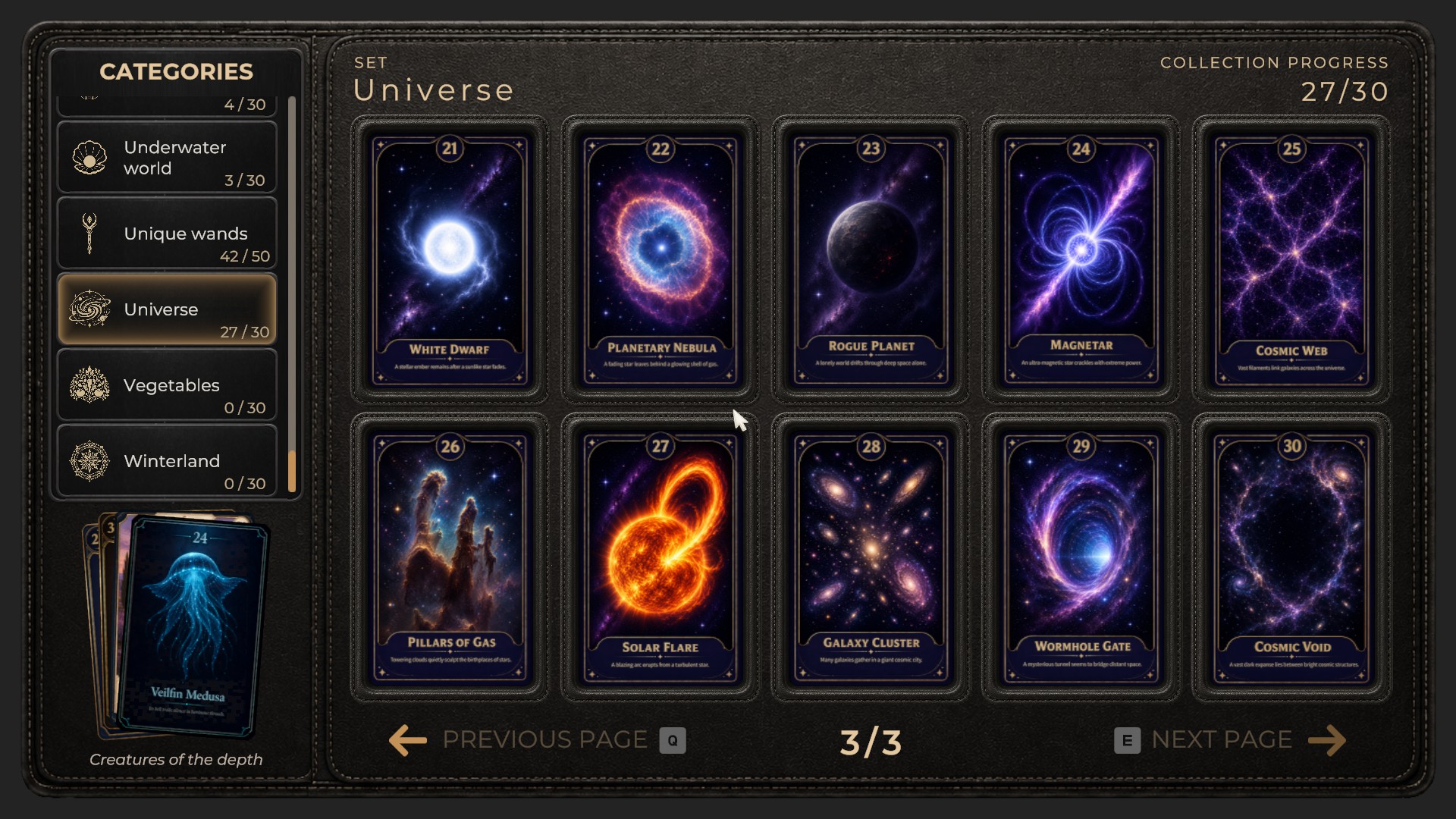 Dark sci-fi card collection screen showing five glowing nebula and galaxy cards, category menu, progress counter, and a blue deep-sea creature card.