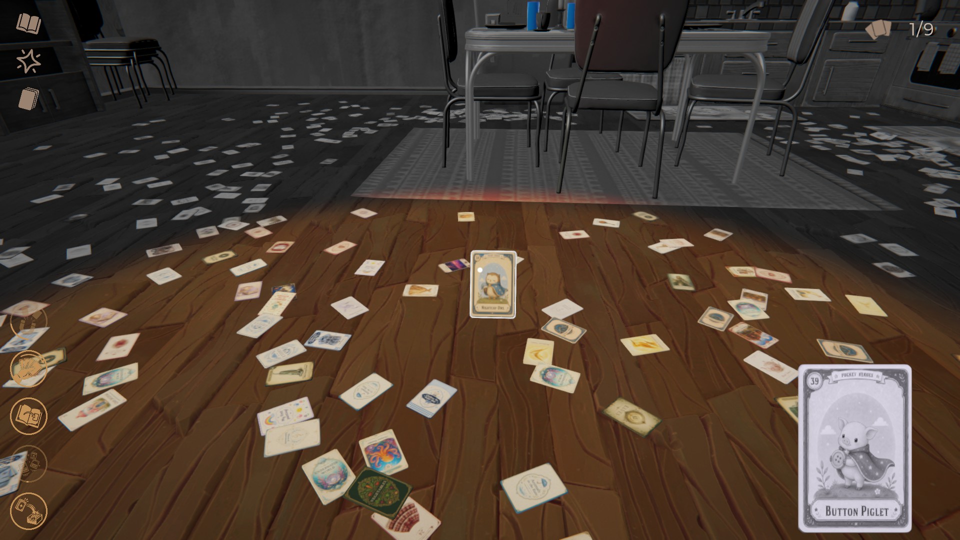 A dim game-room floor is strewn with collectible cards; one stands centered, while a “Button Pellet” card appears in the lower-right corner.