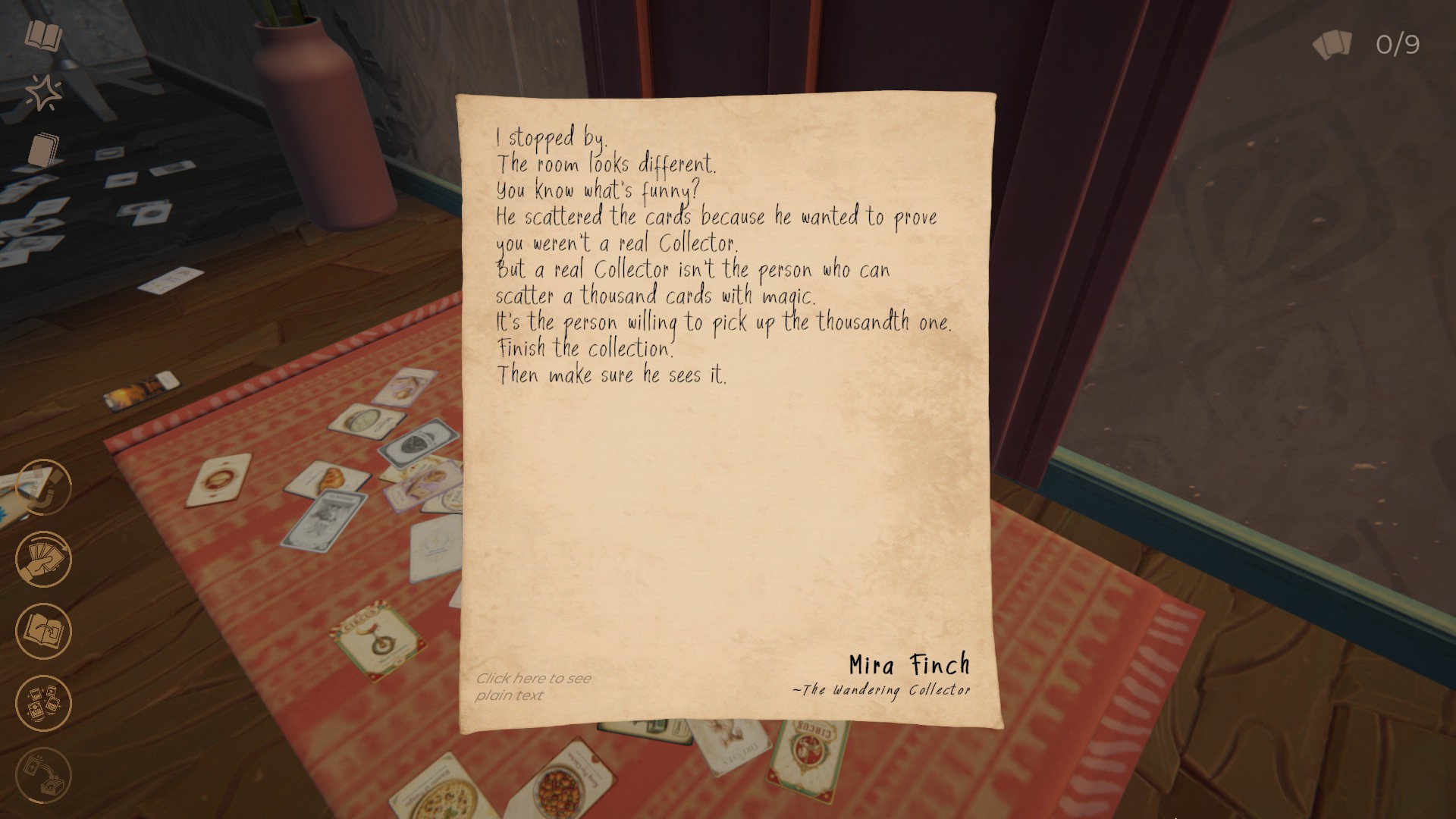 A handwritten clue from Mira Finch overlays scattered collectible cards on a wooden floor in a dim room, creating a mysterious game-like scene.