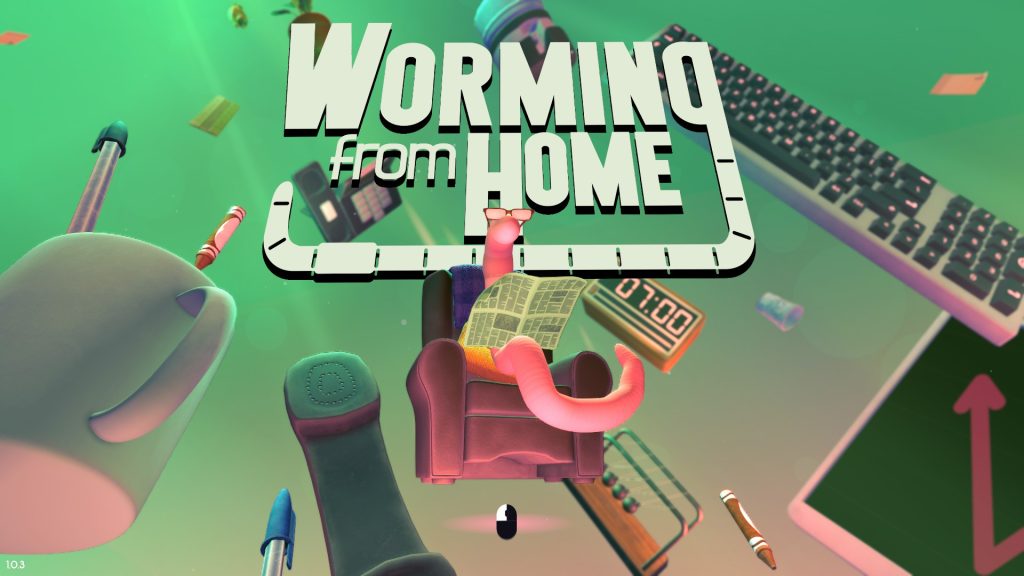 Playful 3D promo graphic reading “Worming from Home,” with a pink armchair, keyboard, calculator, and gadgets floating in bright green space.