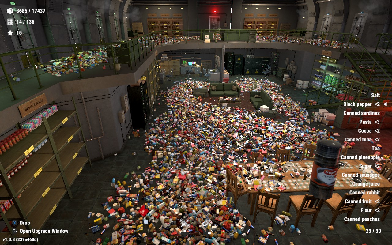Video game screenshot of a warehouse grocery store overflowing with scattered food items, shelves, furniture, and gameplay inventory text.