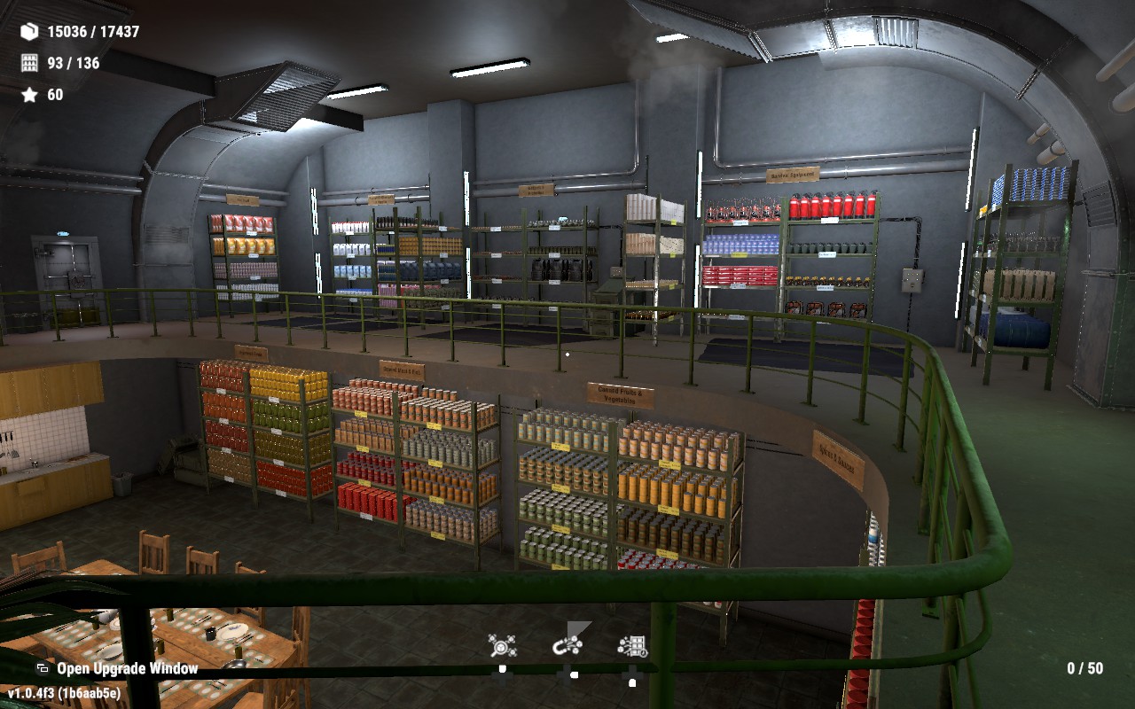 Video game screenshot of a stocked underground grocery store with labeled shelves, cans, drinks, railings, and game HUD.