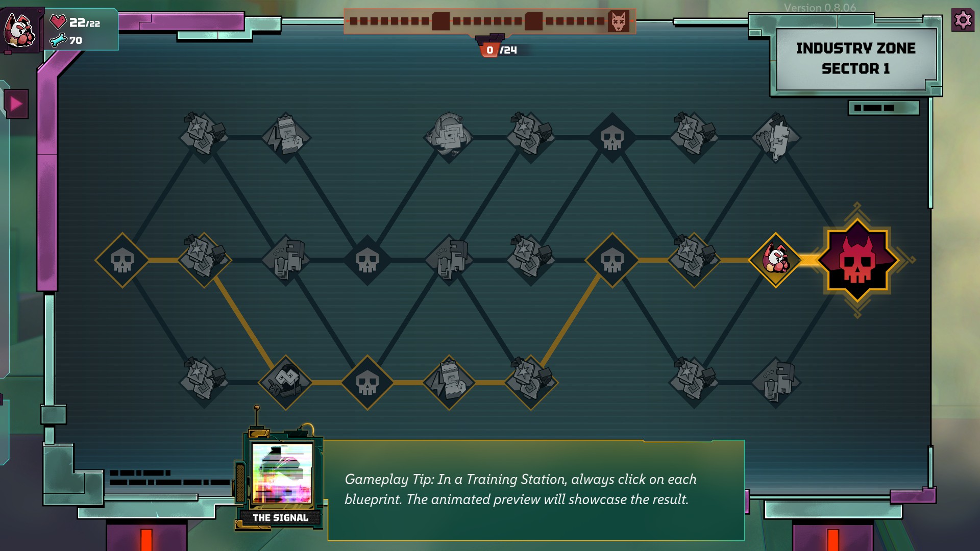 A map of industry sector 1. The only option to go is the big boss battle. Greyed out locations behind the dog show different designs representing the different areas you can visit. 
