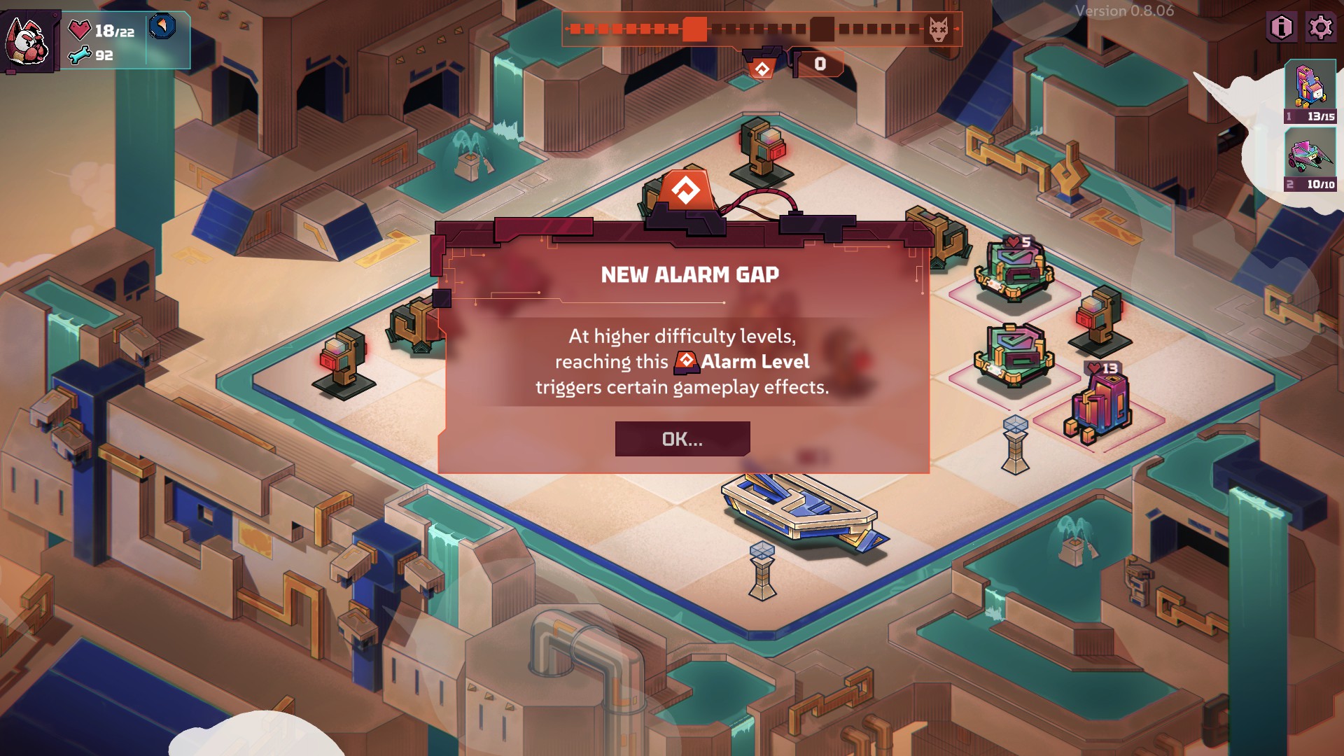 a 6 by 6 grid with nvarious mechanical contraptions on as well as a mechanical dog. There is a caption on the screen explaining that there is a new alarm gap. this is bad. 