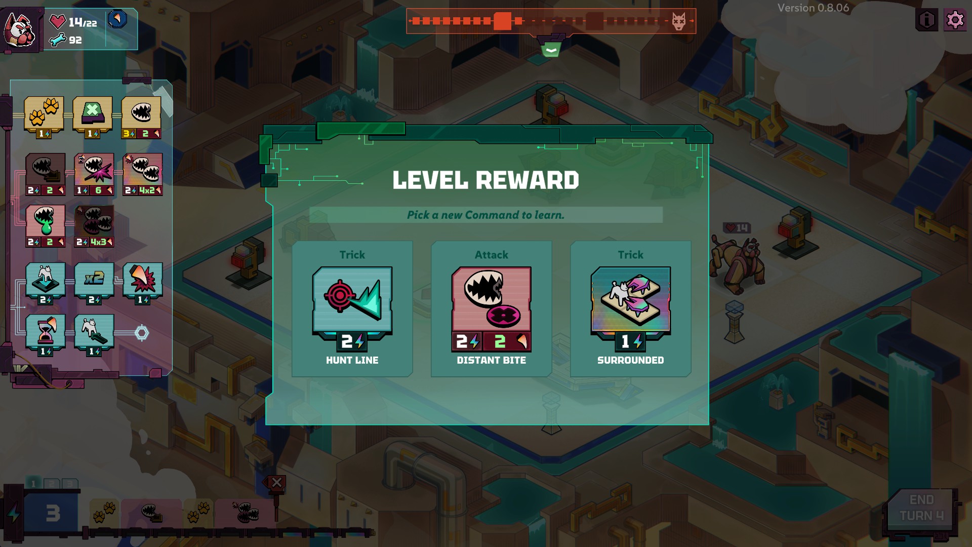 Win a level and get a reward. There is a pictorial version of three awards that you can choose from after a successful battle. This set includes, Hunt line, Distant Bite and Surrounded. 
