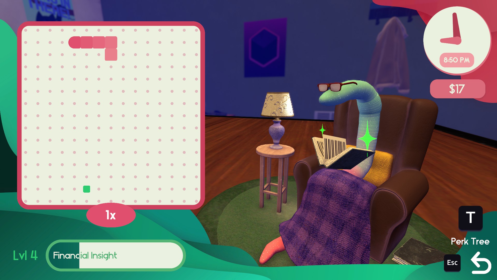 A pink worm-like character reads at a desk in a colorful room; game UI shows “Financial Insight,” a $122 price, and an undo button.