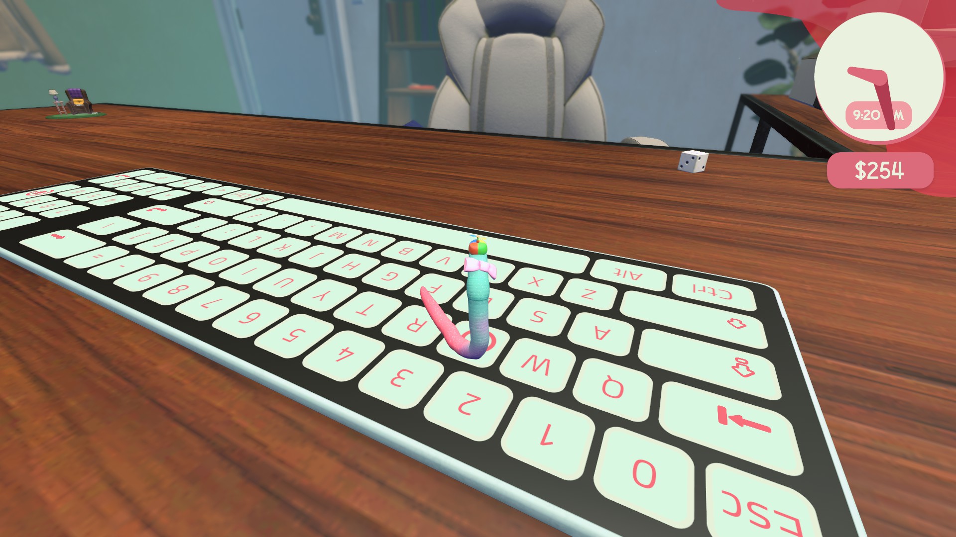 A tiny stylized character stands on an oversized keyboard across a wooden desk, with a gaming chair behind it and a pink price badge showing $254.