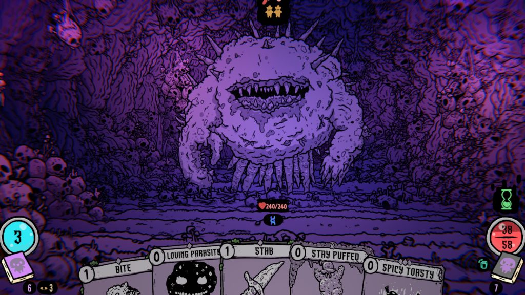 Screenshot of a dark, purple-hued game battle screen featuring a large monstrous enemy and five player cards with stats and actions.
