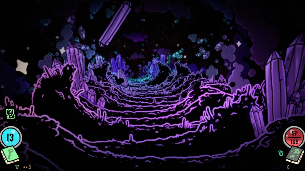 First-person view of a neon purple crystal cave corridor with glowing crystals and game HUD elements on the sides.