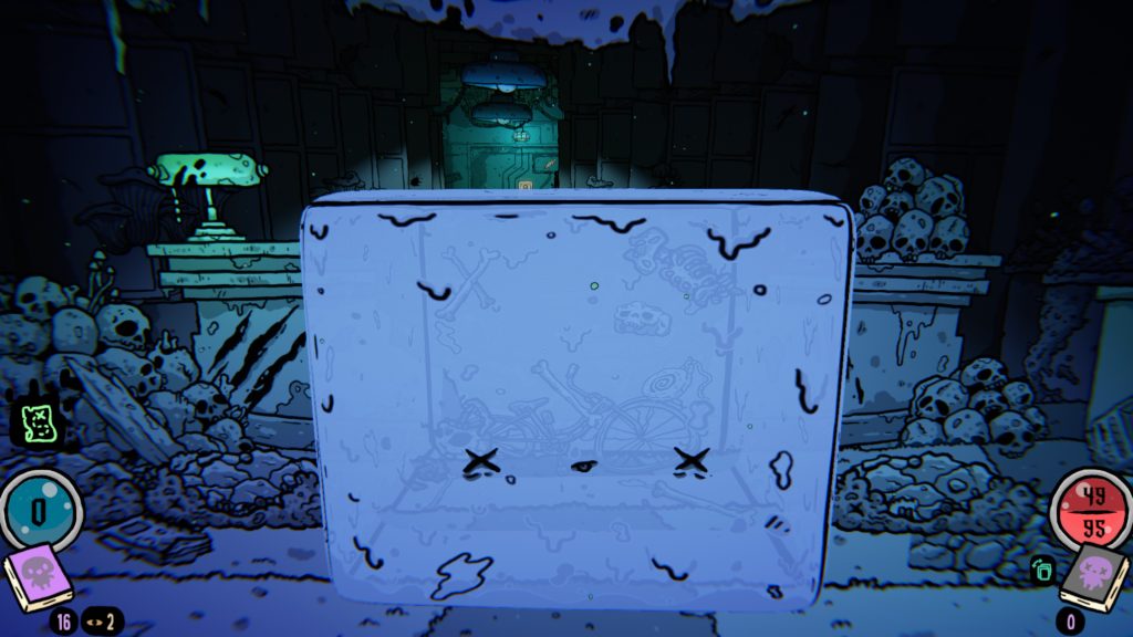 A blue translucent cube with a sad face is suspended in a dark, eerie room filled with skulls and bones in a cartoonish style.