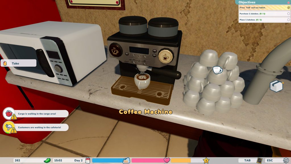 Game screenshot showing a coffee machine with a cup of latte art on a counter beside a microwave and stacked white cups.