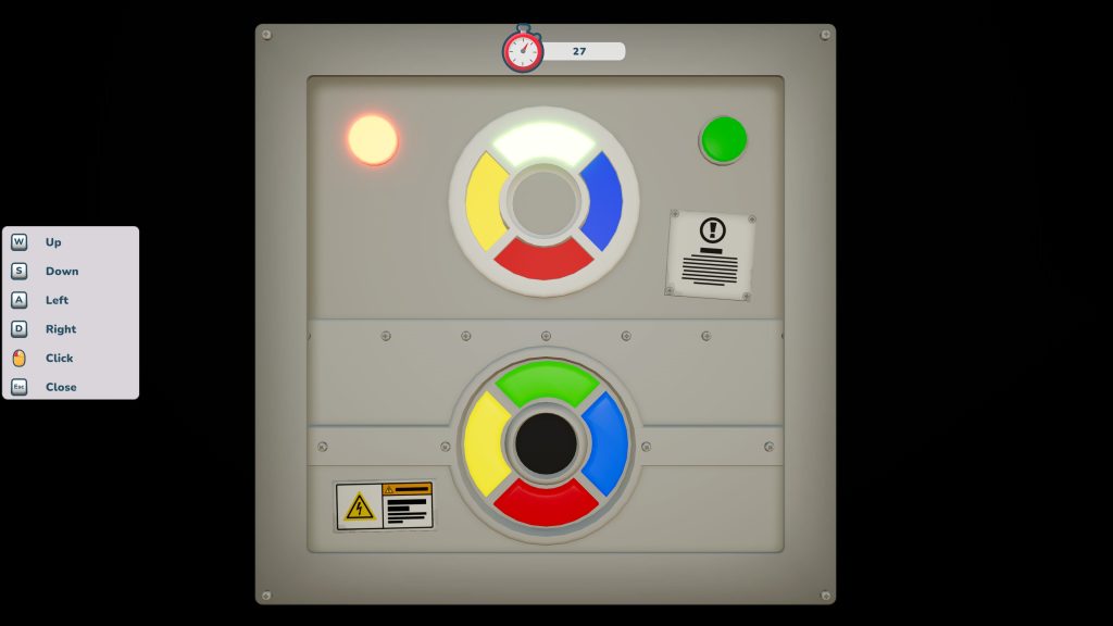 Puzzle panel with two color-coded circular dials, instructions on controls, and timer showing 27 seconds remaining.