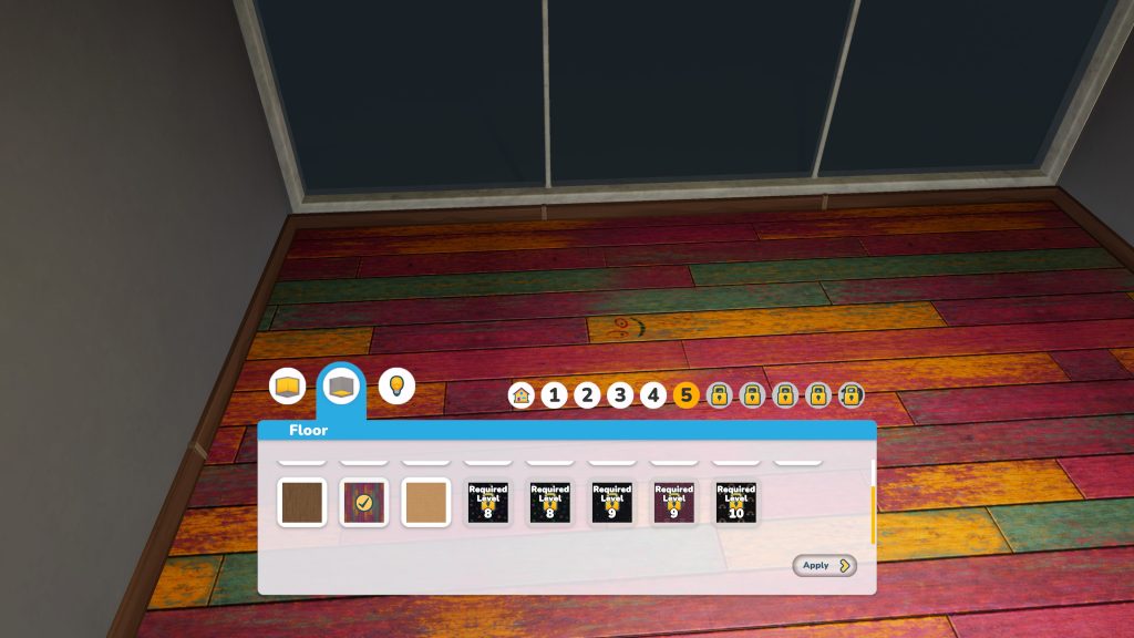Colorful wooden floor in a virtual room with a floor selection menu open, showing various floor options and locked levels.
