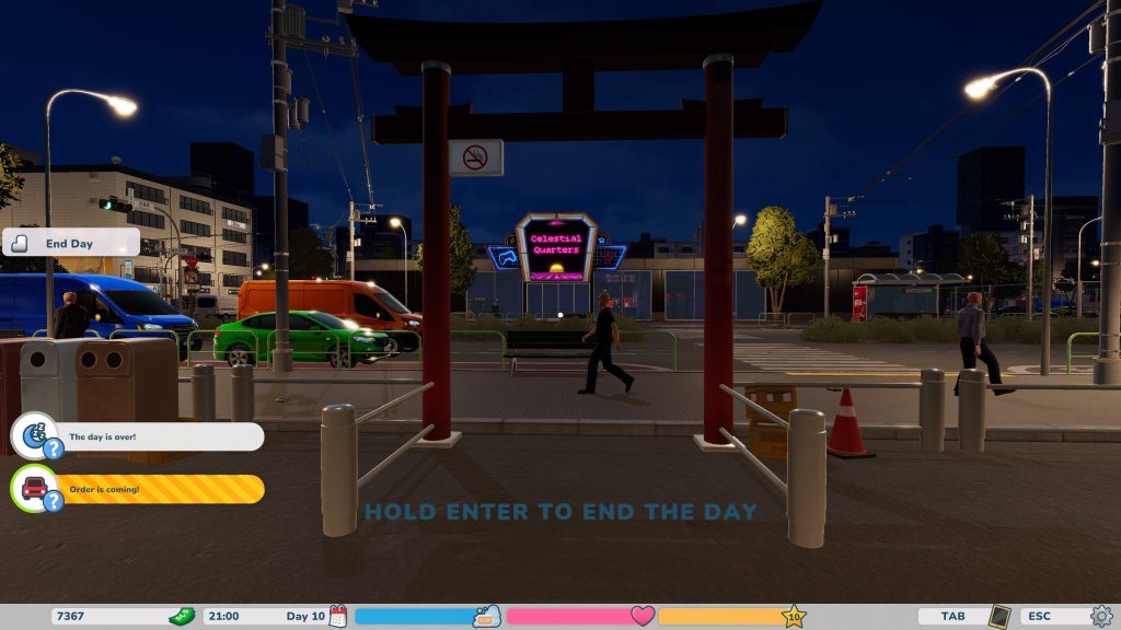 Nighttime street scene in a city with pedestrians, parked vehicles, and a neon sign reading "Celestial Quarters." Game HUD elements visible.