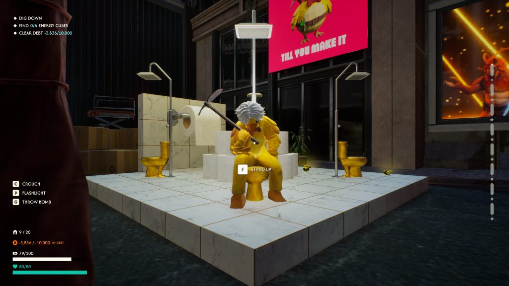 Game character in a chicken suit sitting on a golden toilet with a pickaxe, surrounded by golden toilets and a "Till You Make It" sign.