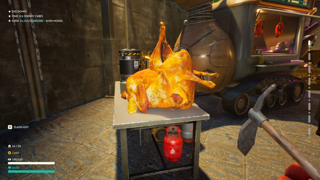 In-game screenshot showing a roasted turkey on a metal table with a pickaxe held by the player in an industrial setting.