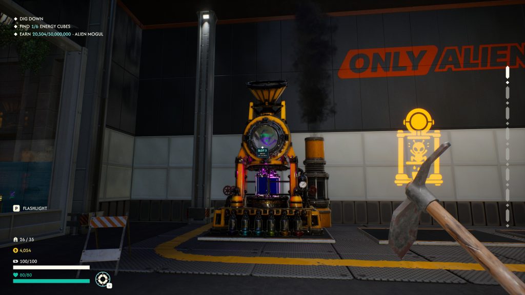 In-game screenshot showing a player holding a pickaxe, facing a yellow machine with glowing purple and colorful components inside a futuristic setting.