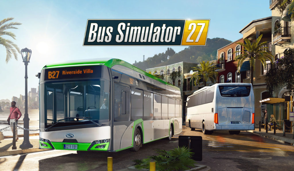 A bus bound for "Riverside Villa" drives along the coast of a small town.