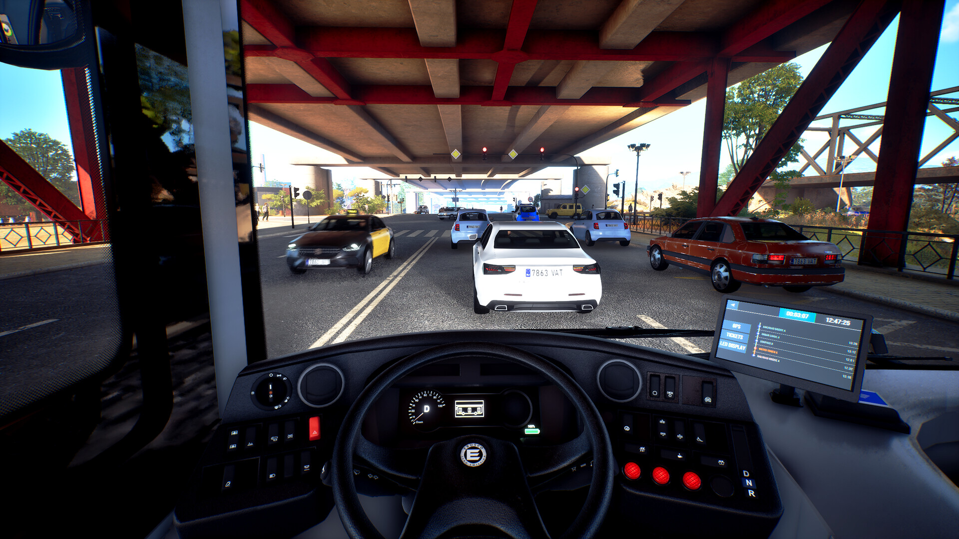 A first-person view of the player driving a bus. They are currently stuck in traffic in an underpass.