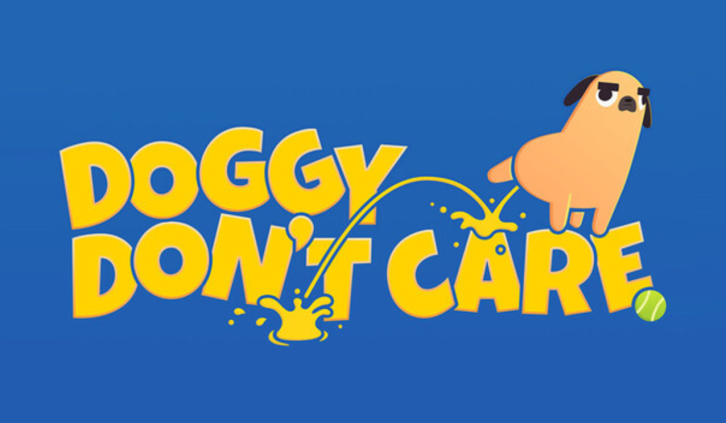 The Doggy Don't Care key art showing a cartoon pug-like dog urinating on the game's title