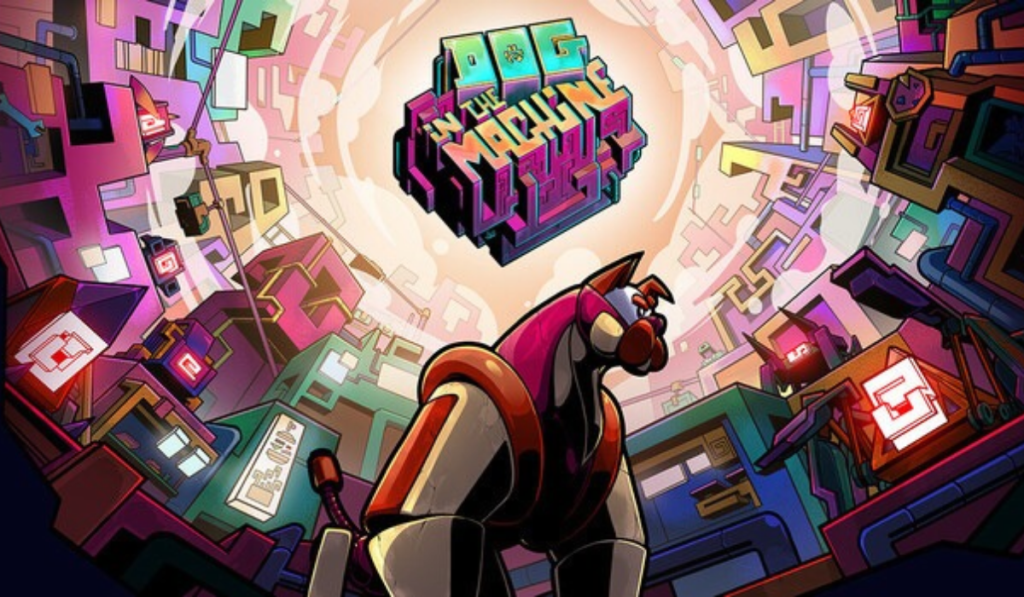 An arty angle looking up at the face of a mechanical dog surrounded by multicoloured machine parts. The words 'Dog in the Machine' are written above the dog's head.