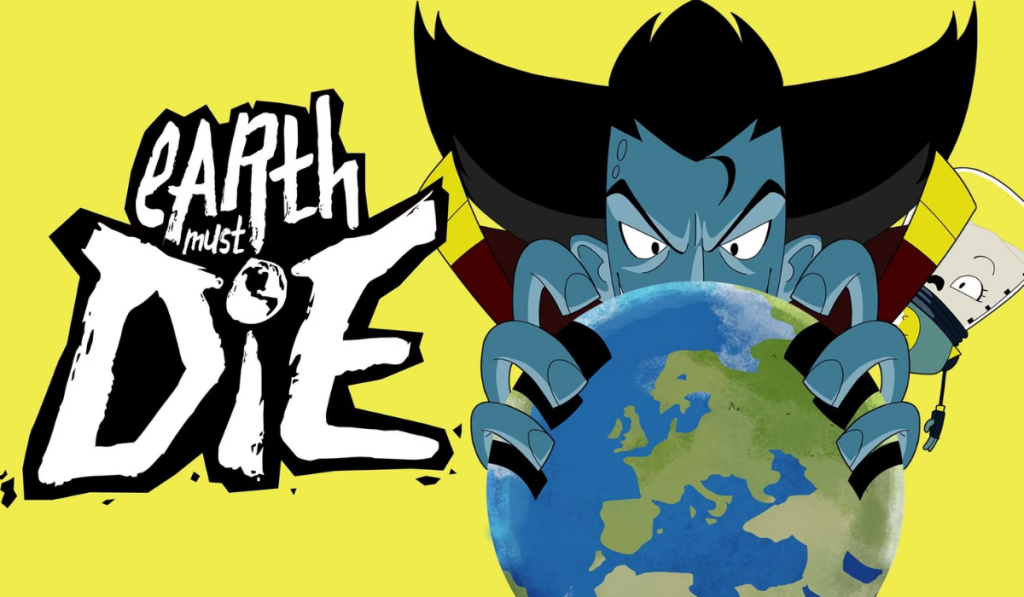 key art image showing a yellow background and a character holding the earth