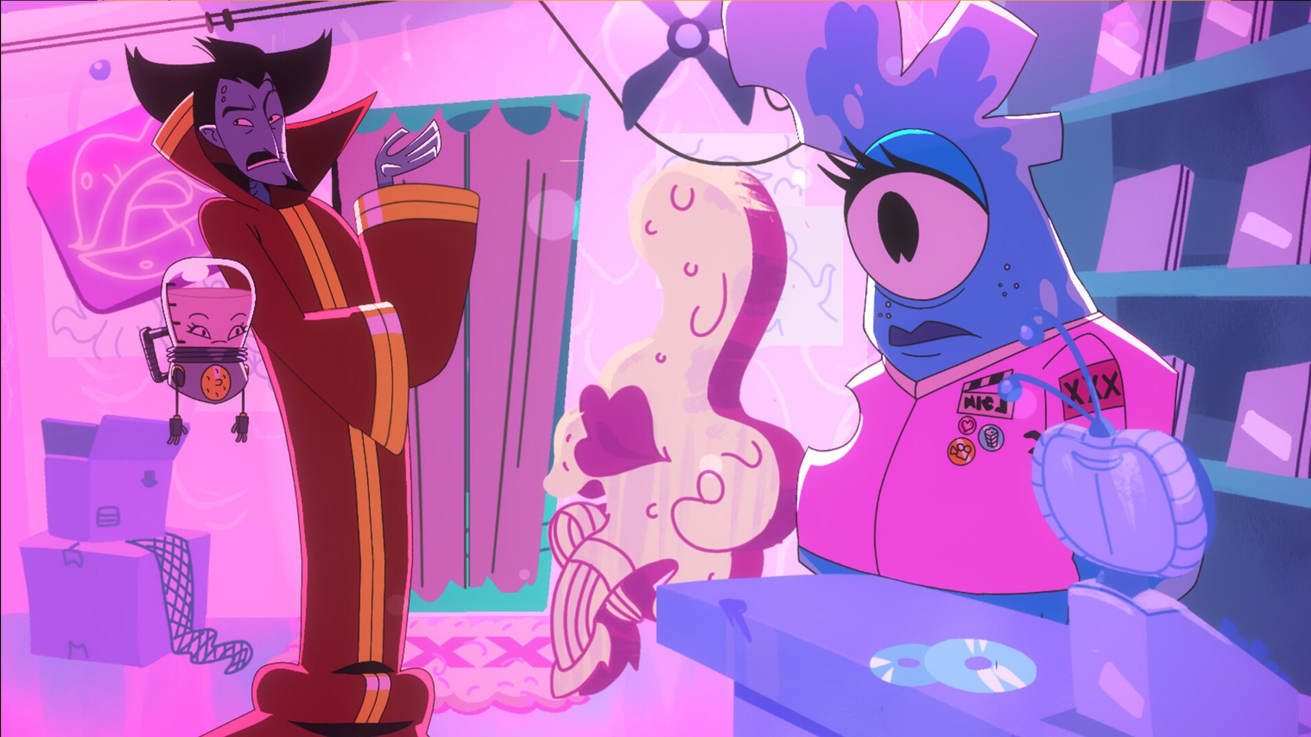 VValak and Milky converse with a large, blue alien sex store owner.