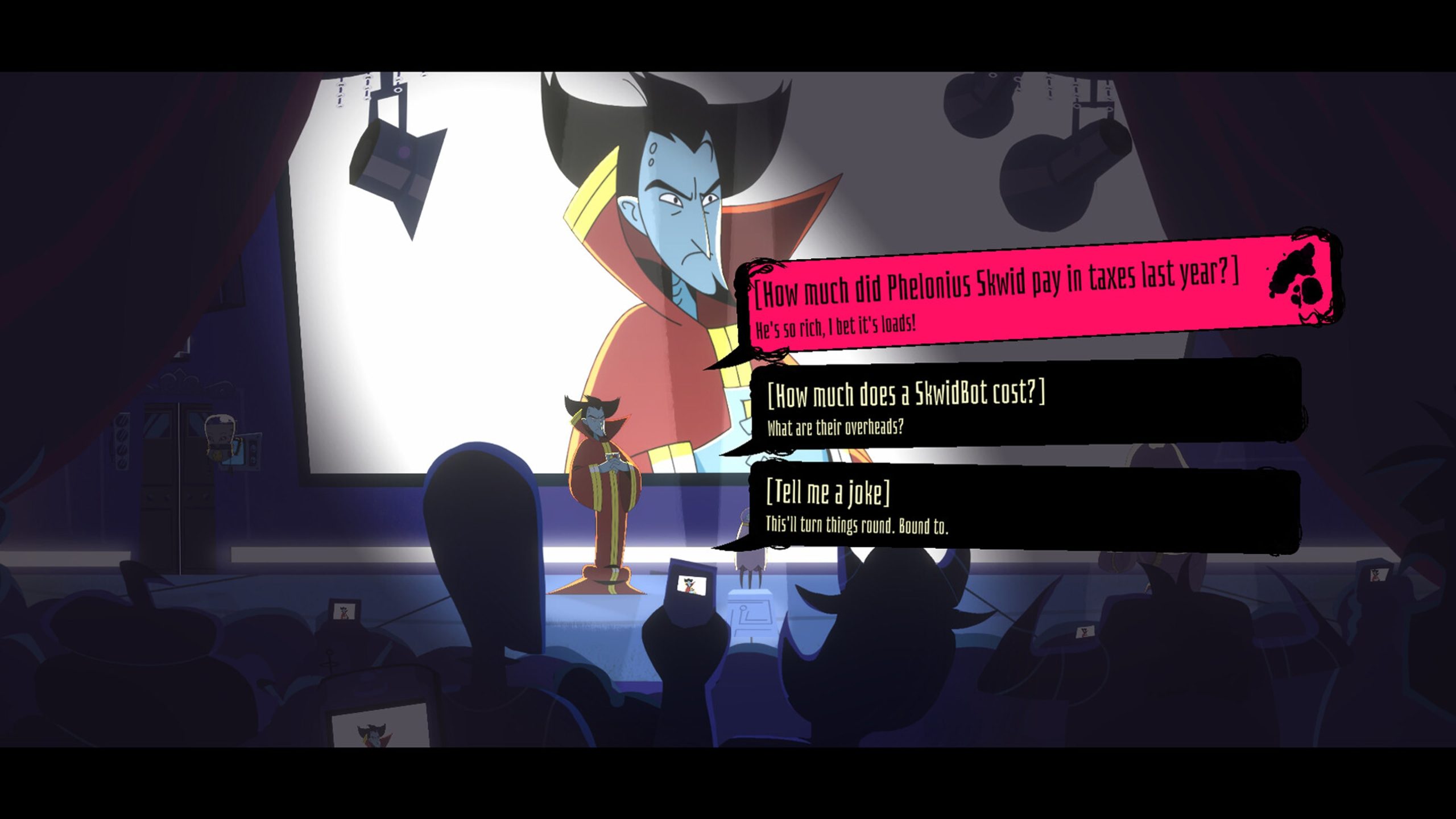 VValak stands on stage, with reporters in the foreground asking questions. There are three options to pick from in order to respond.