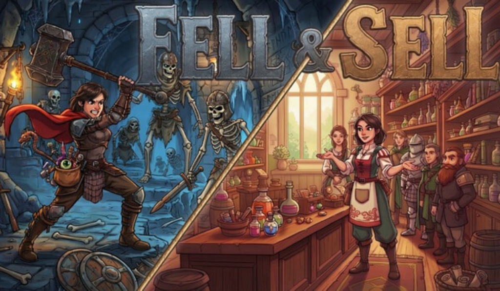 Fell in blue and Sell in yellow at the top of the screen. Under the word fell is a warrior exploring a dungeon, and under the sell is a merchant selling wares. Awesome.