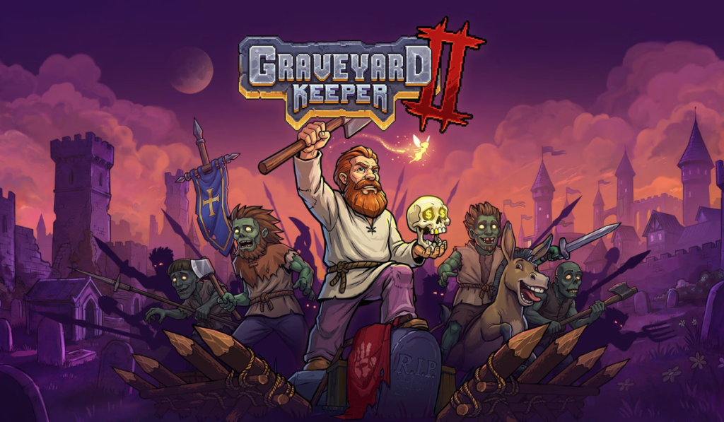 Graveyard Keeper II game cover with a bearded man holding a skull, surrounded by zombies and a donkey, set in a spooky medieval graveyard.