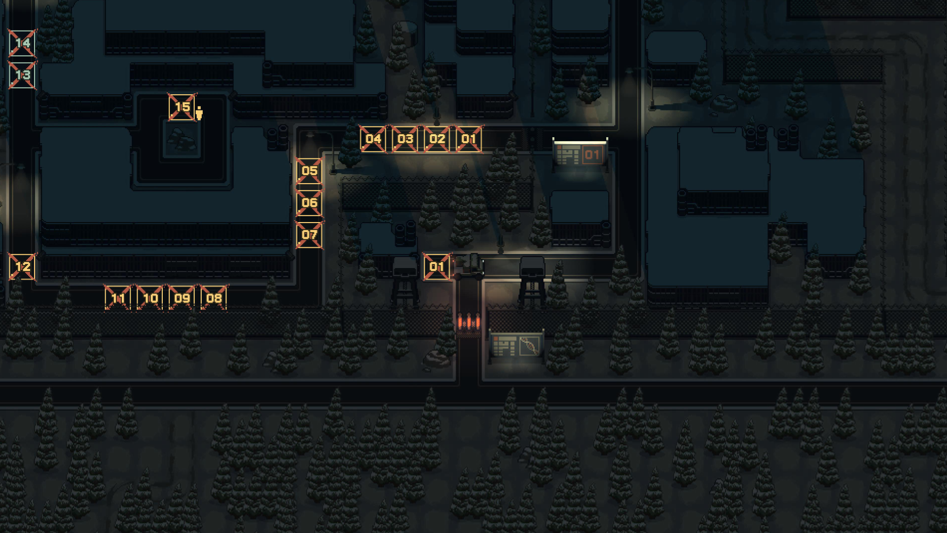 Dark pixel-art forest map with buildings, roads, and glowing orange numbered markers, creating a moody, mysterious game-like atmosphere.