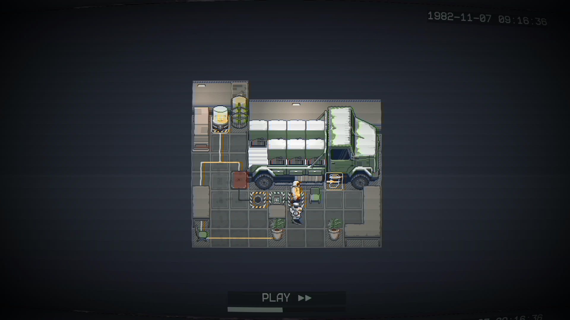 Pixel-art overhead view of a delivery truck parked at a loading area, with two workers, crates, plants, and a dark surveillance-screen mood.