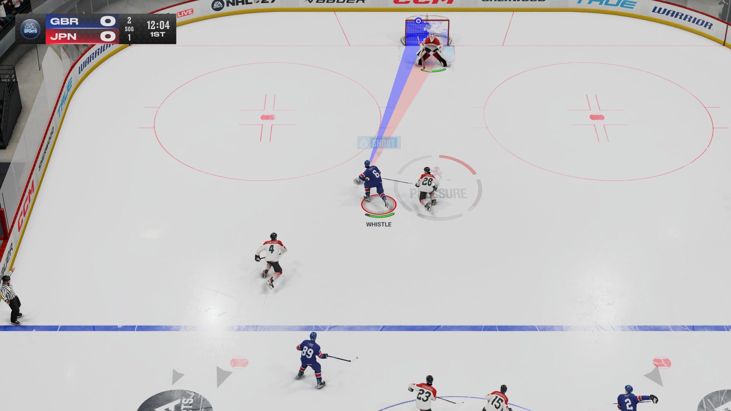 This image provides an overhead shot of the ice. There are multiple players however the player is highlighted. Here two lines of seen, which are red and blue indicating where the player will shoot.