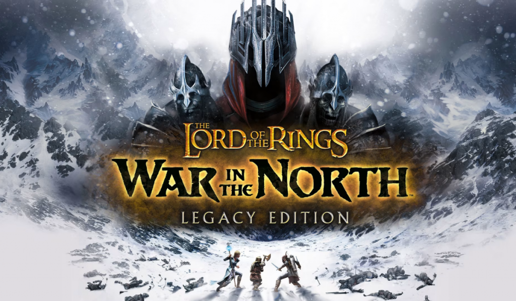 The Lord of the Rings: War in the North Legacy Edition artwork shows armored villains above snowy mountains, with three heroes below.