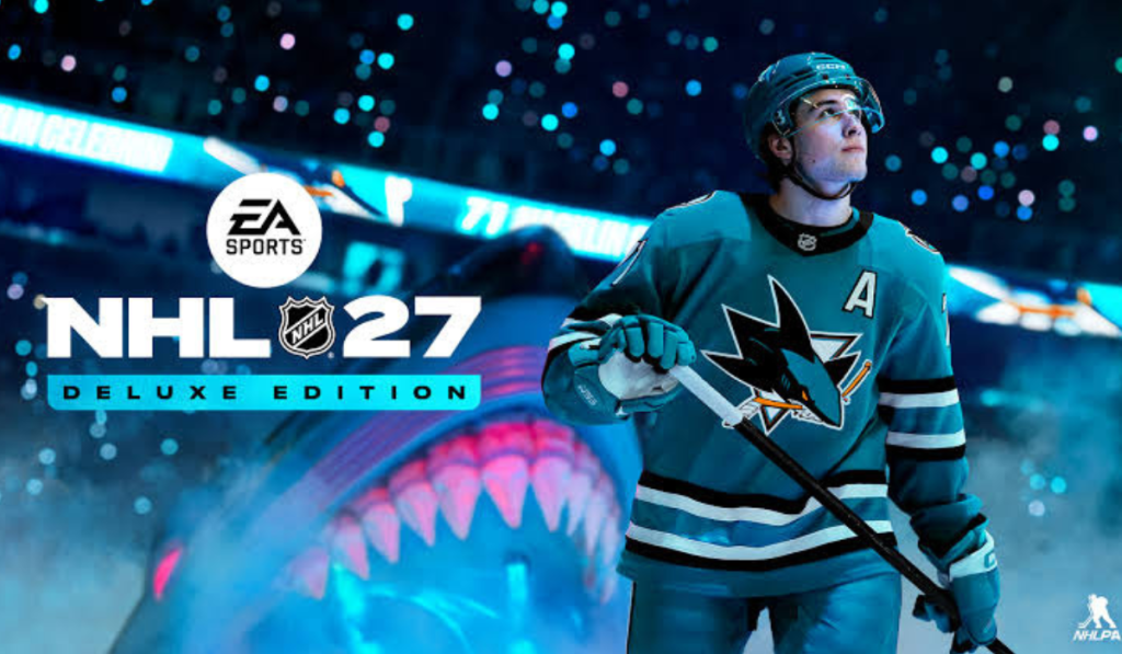 This image is the cover for NHL27. Above the text there is an EA badge, and below the text there is 'Deluxe Edition'. Next to the writing there is an NHL player in turquoise colours.
