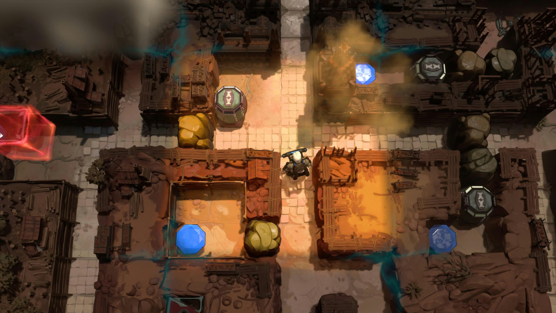 Isometric fantasy dungeon puzzle map with crumbling stone rooms, a tiny central adventurer, glowing blue gems, yellow barriers, and smoke.
