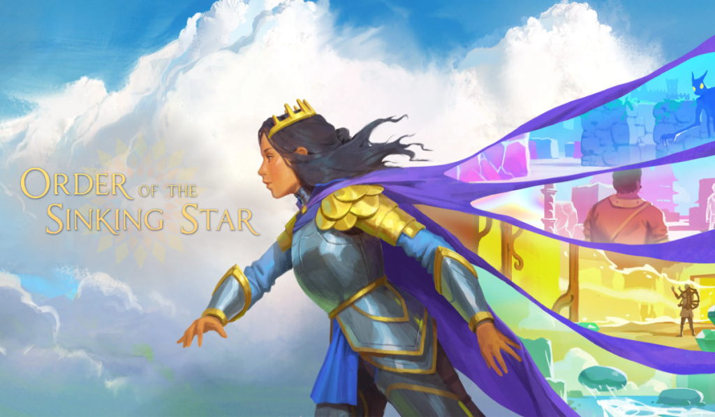 Fantasy cover titled “Order of the Sinking Star”: a crowned woman in silver and gold armour reaches forward, her purple cape revealing vivid images of the game's puzzles