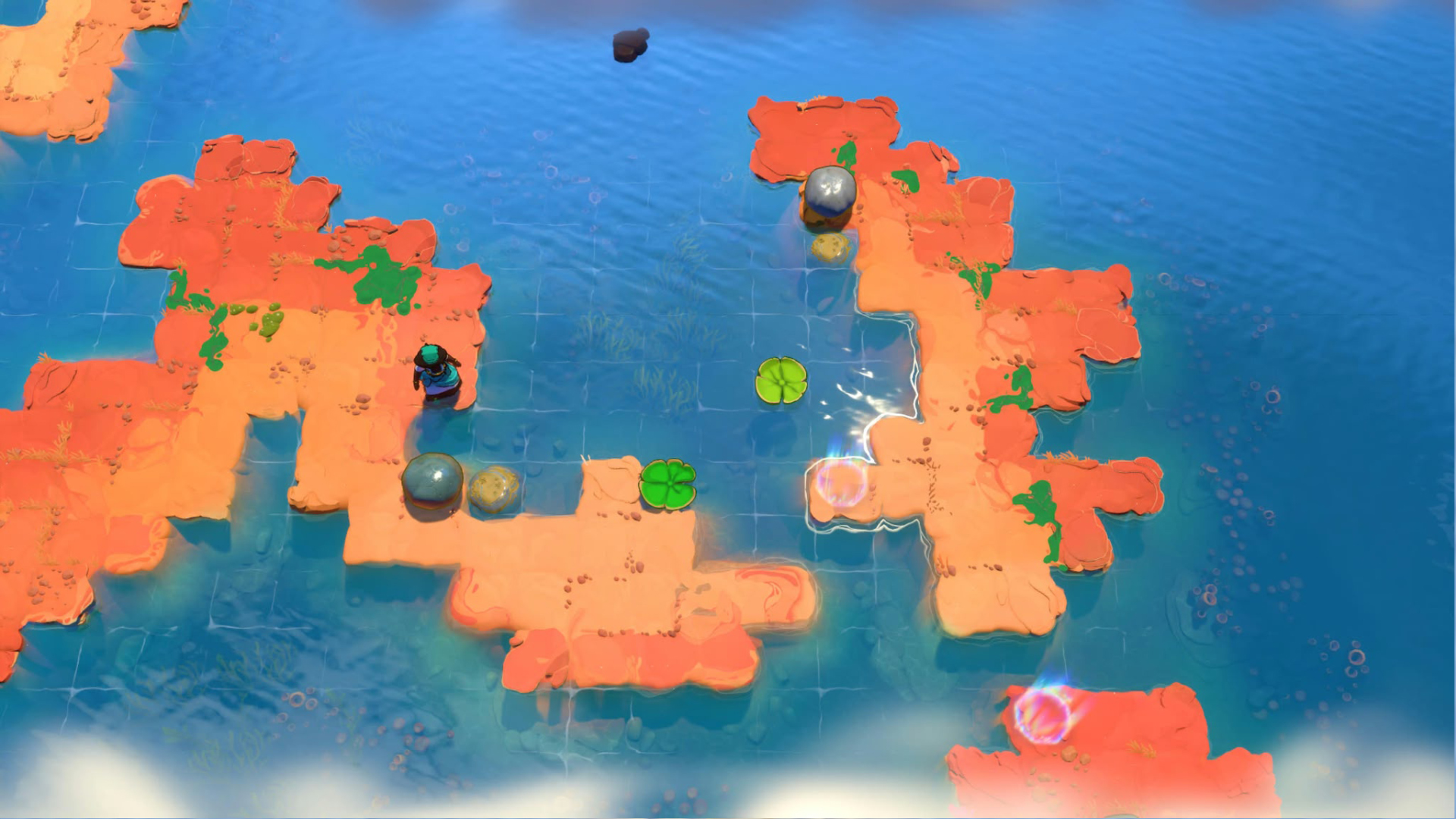 Orange islands on blue water with green lily pads and glowing objective markers