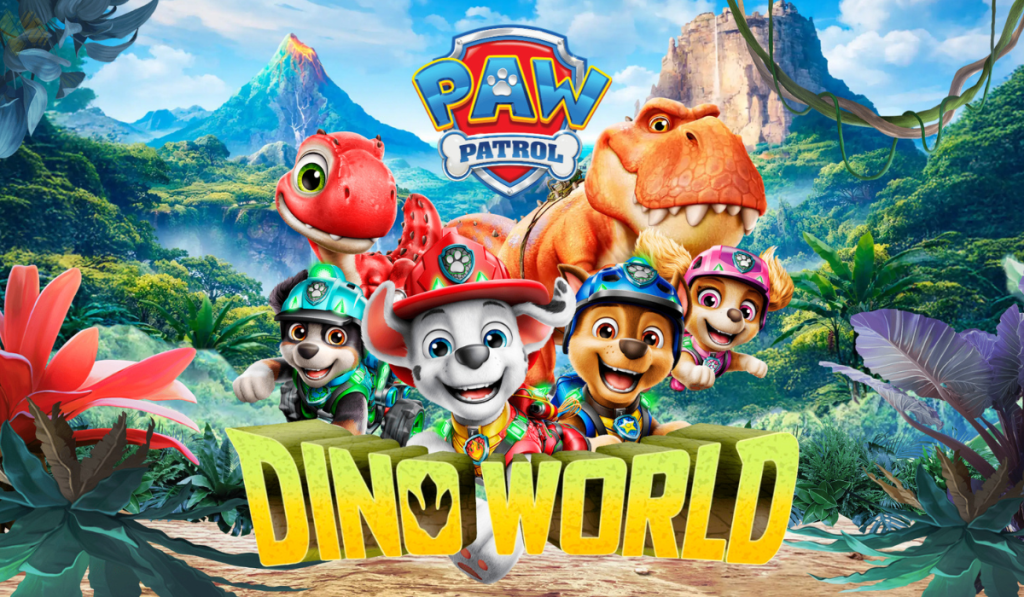paw patrol dino rescue key art featuring the pups and dinosaurs