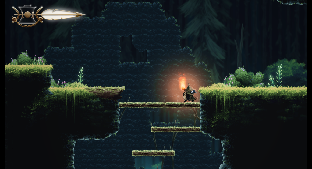 A small armored character holds a torch on a mossy platform in a dark forest environment, with a game interface visible in the upper left corner.