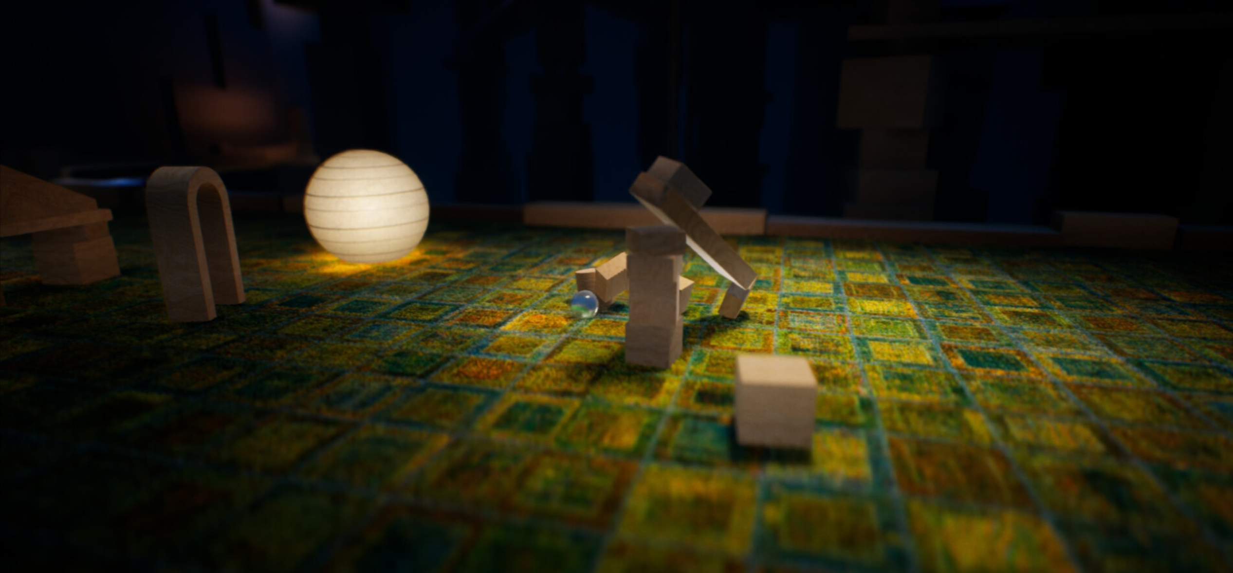 Marble on carpet knocking over wooden building blocks 