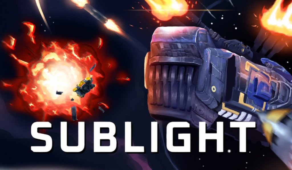 Sci-fi spaceship battle with explosions and missiles in space, featuring the word "SUBLIGHT" in bold white letters.