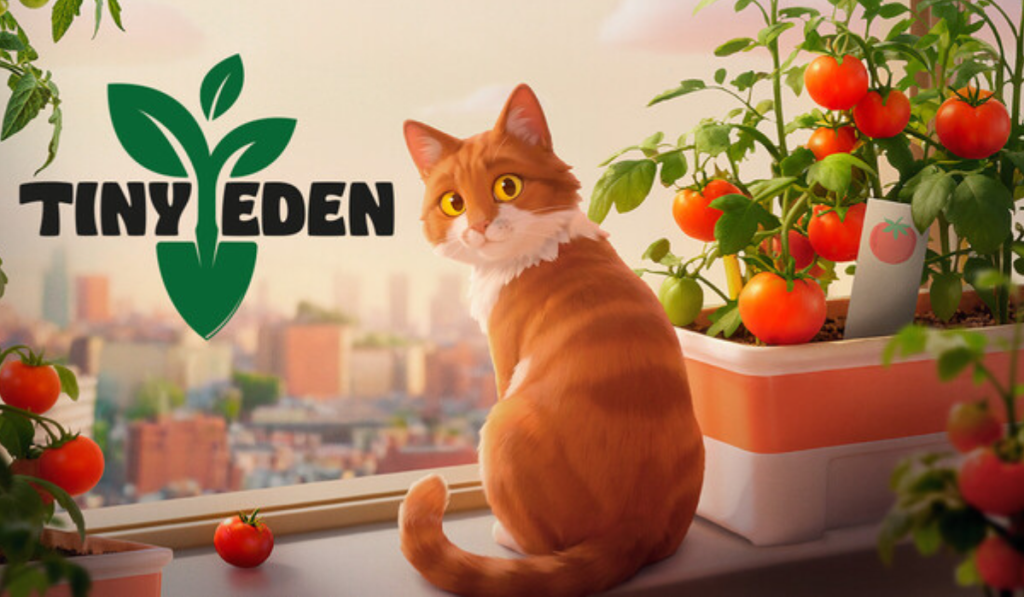 A curious orange-and-white cat sits on a sunny windowsill beside a tomato plant laden with red fruit; “TINY EDEN” text adds a cheerful gardening theme.