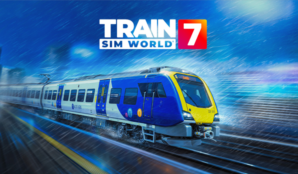 A train bound for Leeds drives along a track in the rain.