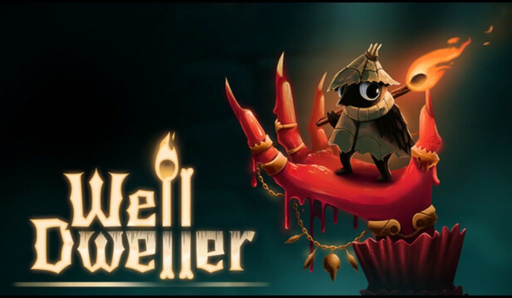 Illustration of a small cloaked character holding a flaming torch, standing on a red demonic hand, with the title "Well Dweller" in glowing text.