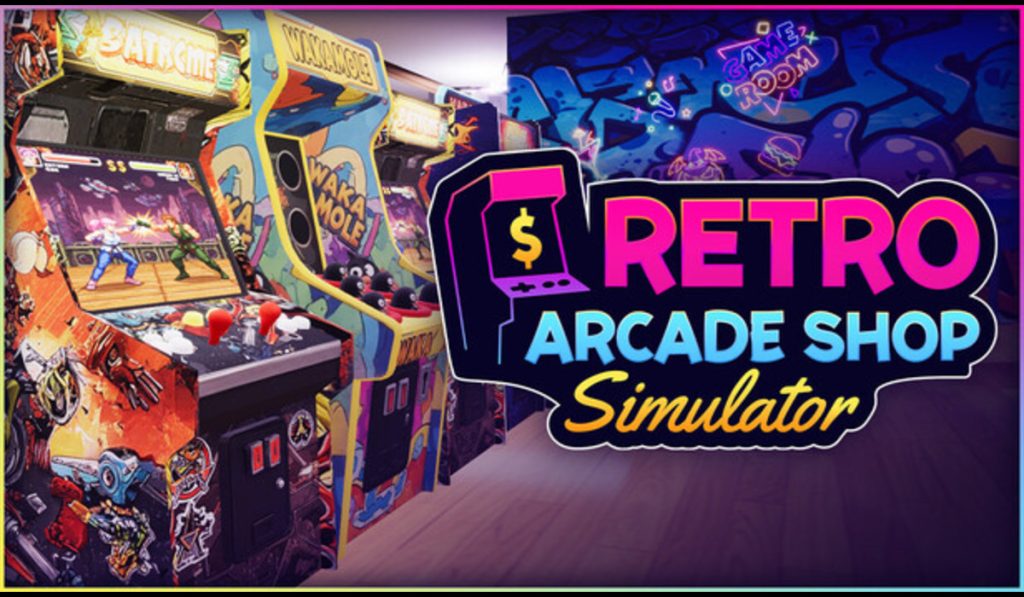Row of colorful retro arcade game machines with a neon "Retro Arcade Shop Simulator" sign on a graffiti-covered wall.