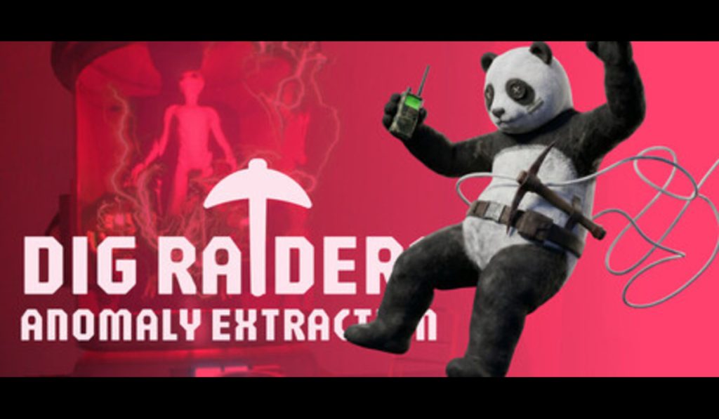 Promotional image for "Dig Raider: Anomaly Extraction" featuring a panda with a pickaxe and a radio against a red background.