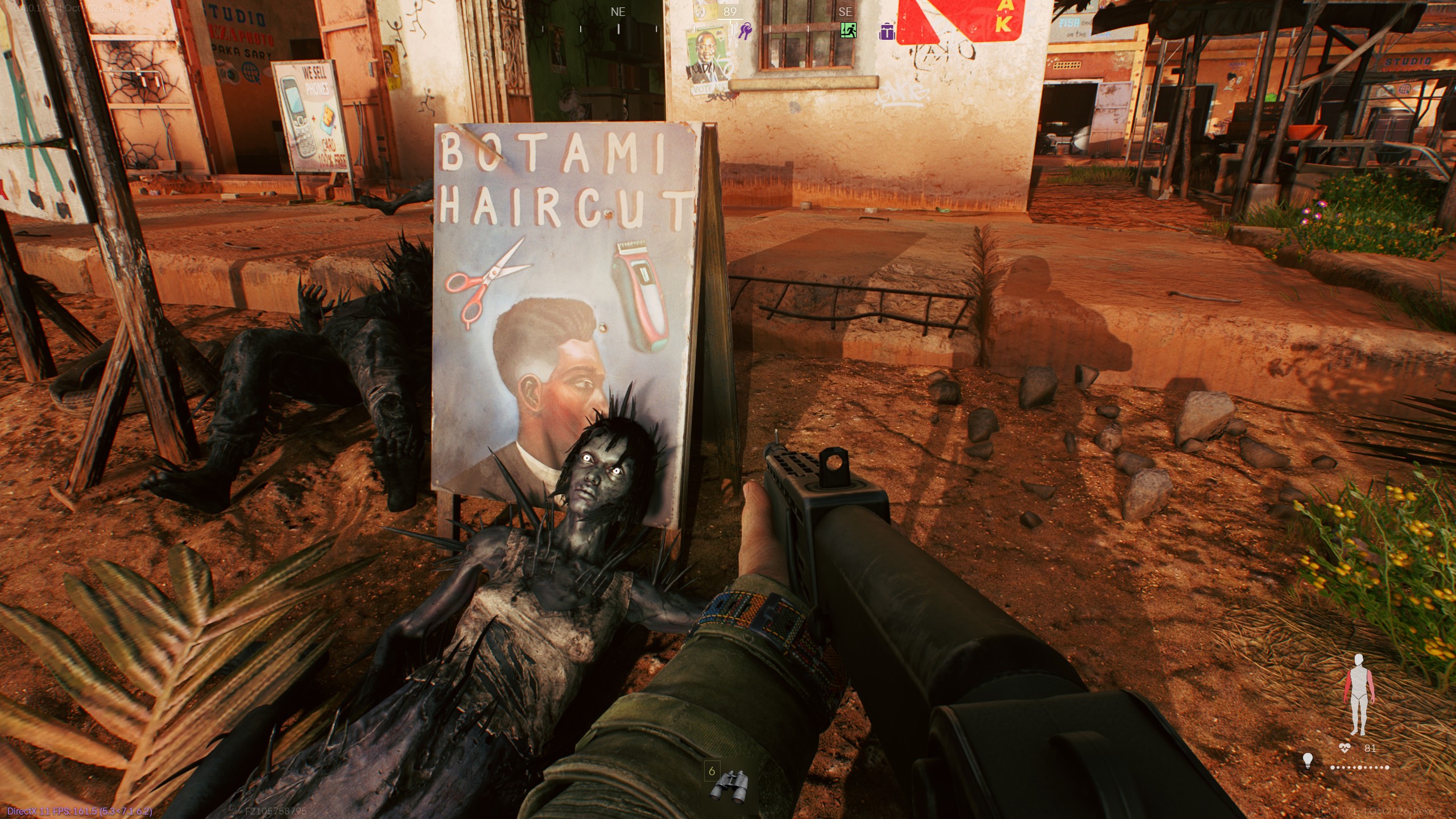 First-person game scene showing a “Botami Haircut” sign, a fallen creature, and a weapon in a graffiti-covered settlement.